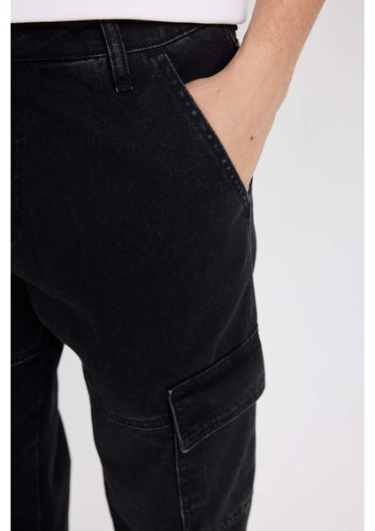 %100 Pamuk Wide Leg Fit Geniş Kalıp Normal Bel Geniş Paça Kargo Cepli Siyah Jean Pantolon