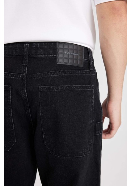 %100 Pamuk Wide Leg Fit Geniş Kalıp Normal Bel Geniş Paça Kargo Cepli Siyah Jean Pantolon