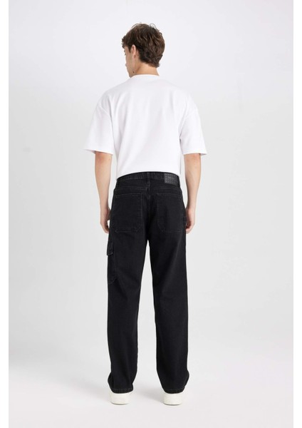 %100 Pamuk Wide Leg Fit Geniş Kalıp Normal Bel Geniş Paça Kargo Cepli Siyah Jean Pantolon