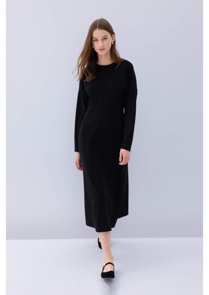Relax Fit Bisiklet Yaka Krep Uzun Kollu Maxi Siyah Elbise D7485AX24WN