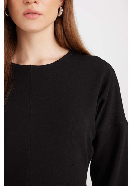 Relax Fit Bisiklet Yaka Krep Uzun Kollu Maxi Siyah Elbise D7485AX24WN