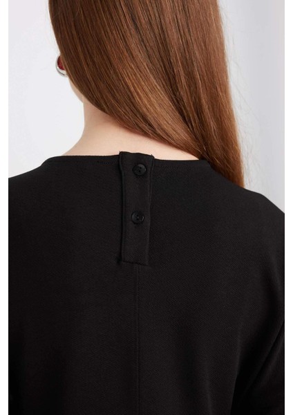 Relax Fit Bisiklet Yaka Krep Uzun Kollu Maxi Siyah Elbise D7485AX24WN