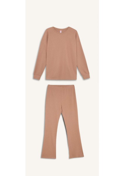 Pijama Takımı Regular Fit Basic Düz Uzun Kollu Üst Geniş Bol Paça Alt-Fall in Love D2259AX24WN