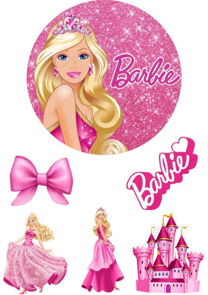Yenilebilir Yuvarlak Pasta ve Figür Resim Baskısı Şekerli Kağıt Barbie Temalı 02