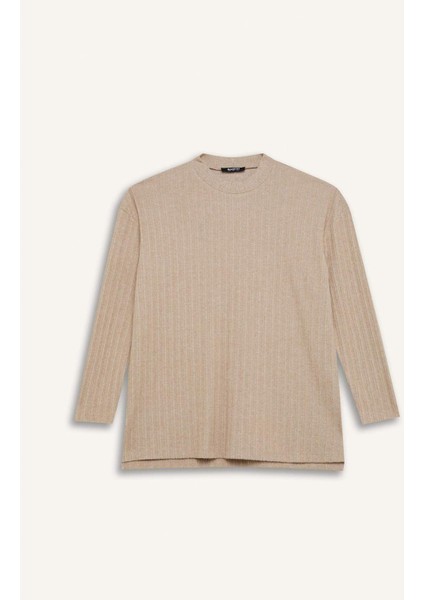 Relax Fit Bisiklet Yaka İçi Yumuşak Tüylü Fitilli Kaşkorse Yırtmaçlı Uzun Kollu Tunik D7436AX24WN