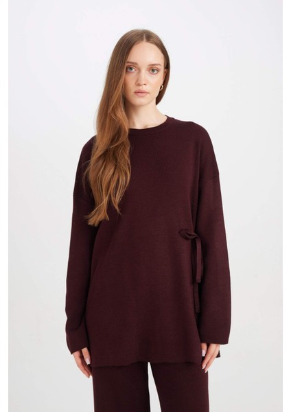 Regular Fit Bisiklet Yaka Bağlamalı Basic Düz Triko Kazak Tunik D7508AX24WN