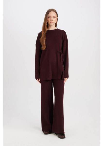 Regular Fit Bisiklet Yaka Bağlamalı Basic Düz Triko Kazak Tunik D7508AX24WN