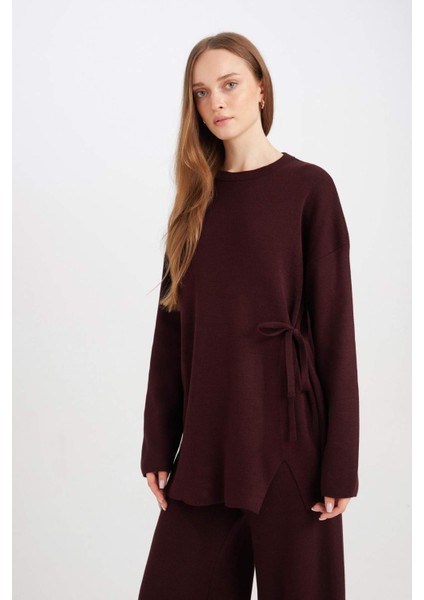 Regular Fit Bisiklet Yaka Bağlamalı Basic Düz Triko Kazak Tunik D7508AX24WN