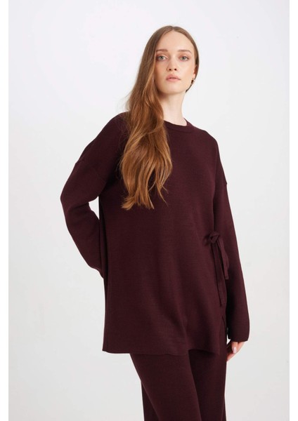 Regular Fit Bisiklet Yaka Bağlamalı Basic Düz Triko Kazak Tunik D7508AX24WN