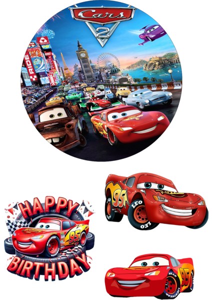 Yenilebilir Yuvarlak Pasta ve Figür Resim Baskısı Şekerli Kağıt Cars Temalı 04