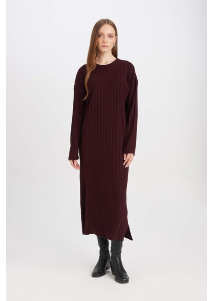 Regular Fit Bisiklet Yaka Basic Düz Uzun Kollu Triko Elbise D7510AX24WN