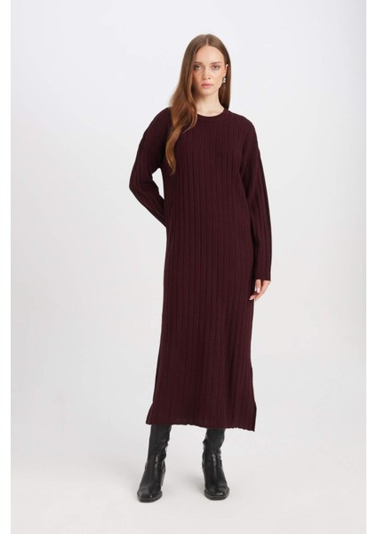 Regular Fit Bisiklet Yaka Basic Düz Uzun Kollu Triko Elbise D7510AX24WN