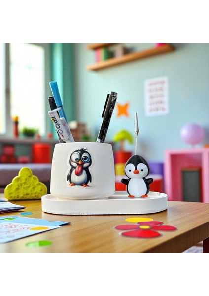 Dekoratif Sevimli Penguen Baskılı Kalemlik ve Penguen Notluk Seti