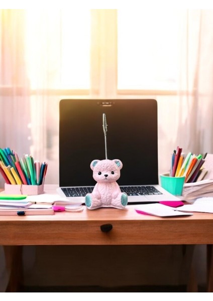 Sevimli Pembe Şans ve Bereket Ayısı Fotoğraf Not Tutucu Ofis Masası Tutacak Hediyelik