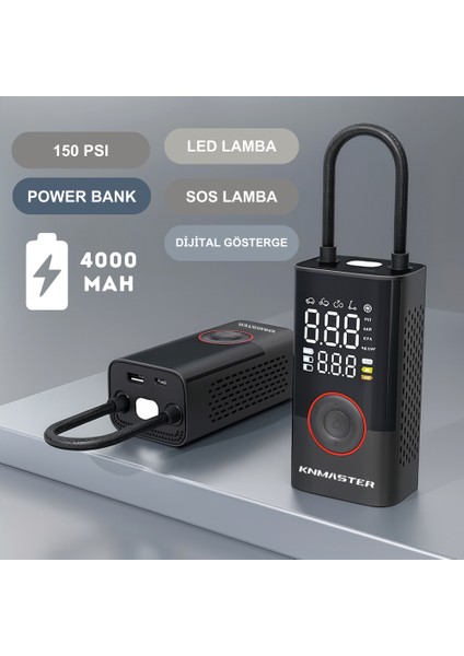 LP-200: 150 Psı Dijital Şarjlı Akıllı Lastik Pompası | Taşınabilir Hava Kompresörü