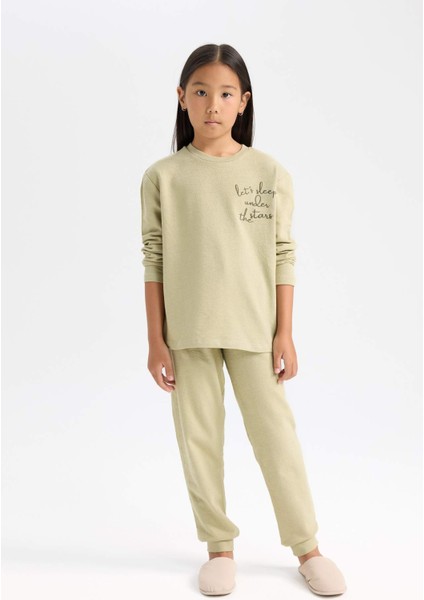 Kız Çocuk Pijama Takımı Baskılı Uzun Kollu Üst Beli Lastikli Uzun Alt D6655A824WN