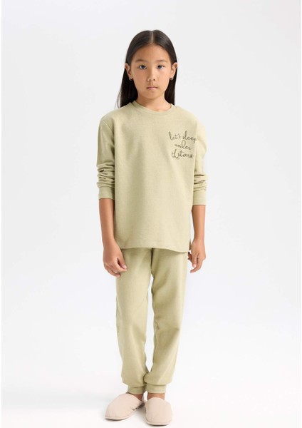 Kız Çocuk Pijama Takımı Baskılı Uzun Kollu Üst Beli Lastikli Uzun Alt D6655A824WN