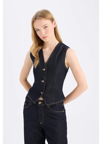 Düğmeli Blazer Jean Yelek D5820AX24WN