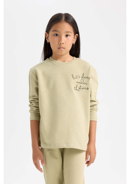 Kız Çocuk Pijama Takımı Baskılı Uzun Kollu Üst Beli Lastikli Uzun Alt D6655A824WN