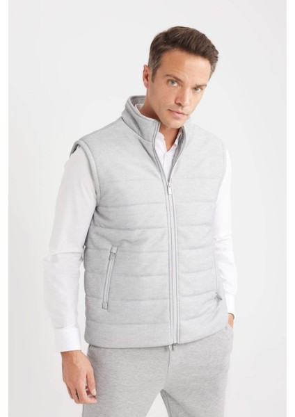 Slim Fit Dar Kesim Dik Yaka Astarlı Fermuarlı Cepli Mevsimlik Baharlık Yelek D7536AX25SP