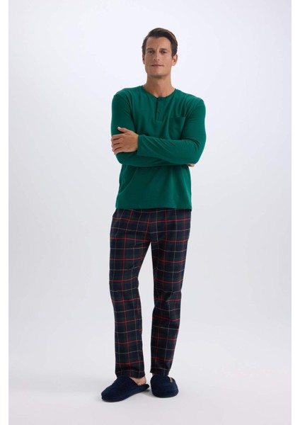 Regular Fit Pijama Takımı Bisiklet Yaka Uzun Kollu Üst Kareli Uzun Alt C6123AX24CW