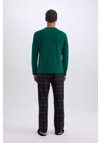 Regular Fit Pijama Takımı Bisiklet Yaka Uzun Kollu Üst Kareli Uzun Alt C6123AX24CW