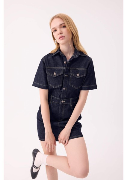 Fashion Fit Gömlek Yaka Cepli Kısa Kollu Midi Jean Elbise