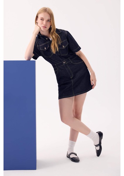 Fashion Fit Gömlek Yaka Cepli Kısa Kollu Midi Jean Elbise