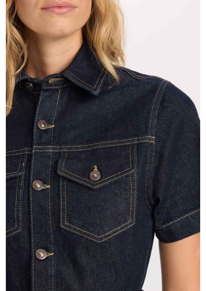 Fashion Fit Gömlek Yaka Cepli Kısa Kollu Midi Jean Elbise