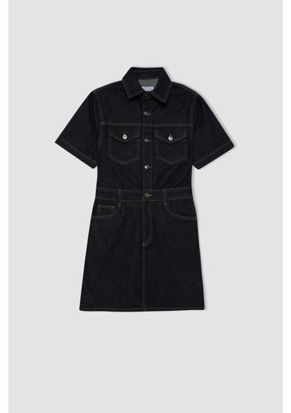 Fashion Fit Gömlek Yaka Cepli Kısa Kollu Midi Jean Elbise