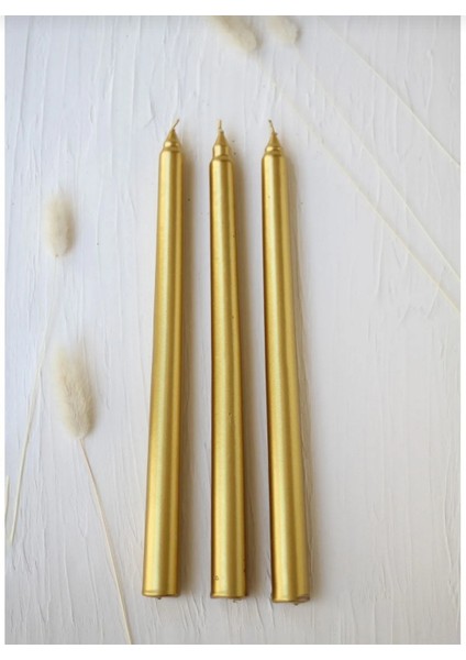 3'lü Metalik Gold Şamdan Mum-Konik Mum