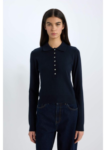 Regular Fit Polo Yaka Basic Düz Triko Kazak D6259Ax25Sp