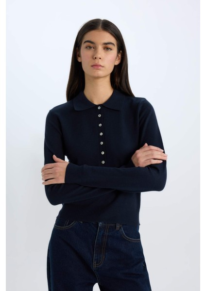 Regular Fit Polo Yaka Basic Düz Triko Kazak D6259Ax25Sp