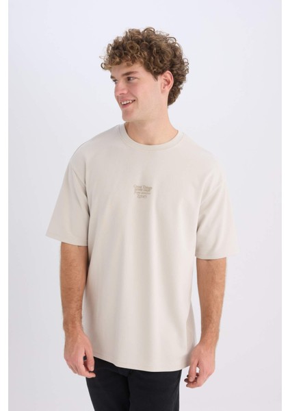 Boxy Fit Bisiklet Yaka Ütü Gerektirmeyen Nefes Alabilen Baskılı Kısa Kollu Ağır Kumaş Tişört D5517AX25SP