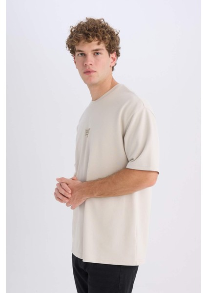 Boxy Fit Bisiklet Yaka Ütü Gerektirmeyen Nefes Alabilen Baskılı Kısa Kollu Ağır Kumaş Tişört D5517AX25SP