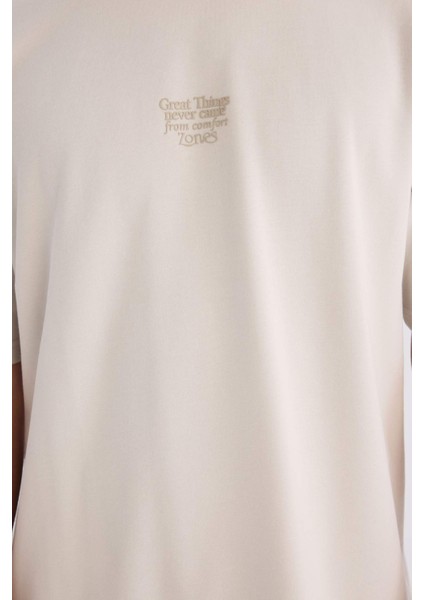 Boxy Fit Bisiklet Yaka Ütü Gerektirmeyen Nefes Alabilen Baskılı Kısa Kollu Ağır Kumaş Tişört D5517AX25SP