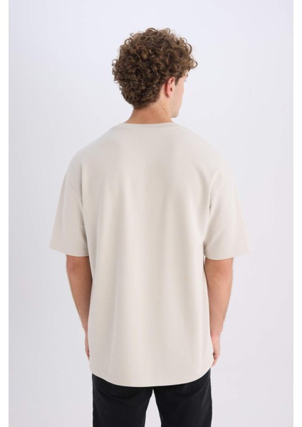 Boxy Fit Bisiklet Yaka Ütü Gerektirmeyen Nefes Alabilen Baskılı Kısa Kollu Ağır Kumaş Tişört D5517AX25SP