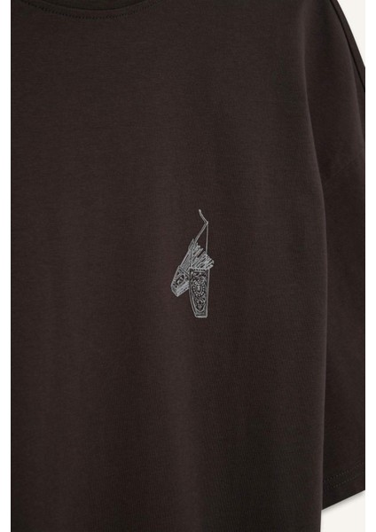 %100 Pamuk Boxy Fit Bisiklet Yaka Sırt Baskılı Kısa Kollu Tişört D5511AX25SP