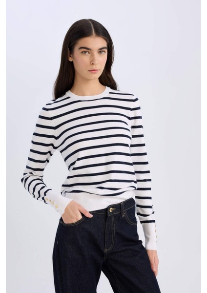 Regular Fit Çizgili Bisiklet Yaka Triko Kazak