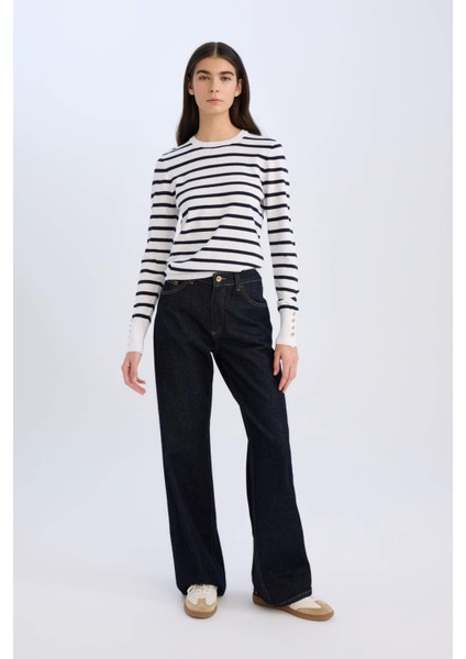 Regular Fit Çizgili Bisiklet Yaka Triko Kazak