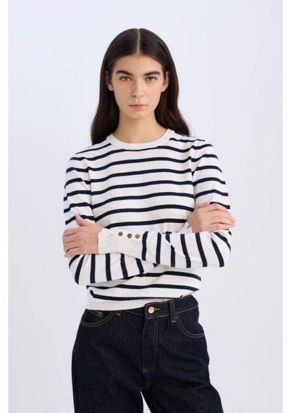 Regular Fit Çizgili Bisiklet Yaka Triko Kazak