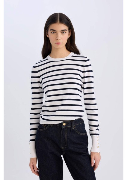 Regular Fit Çizgili Bisiklet Yaka Triko Kazak