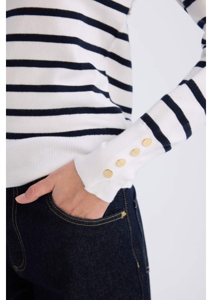 Regular Fit Çizgili Bisiklet Yaka Triko Kazak