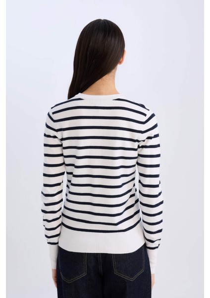 Regular Fit Çizgili Bisiklet Yaka Triko Kazak