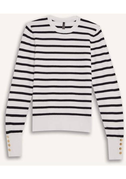 Regular Fit Çizgili Bisiklet Yaka Triko Kazak