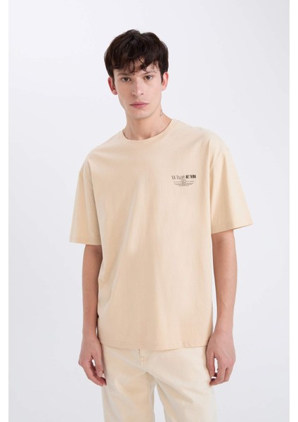 %100 Pamuk Oversize Geniş Kalıp Bisiklet Yaka Baskılı Kısa Kollu Tişört D8594AX25SP