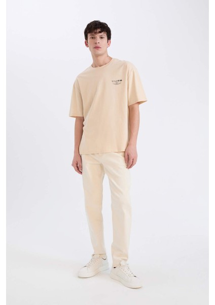 %100 Pamuk Oversize Geniş Kalıp Bisiklet Yaka Baskılı Kısa Kollu Tişört D8594AX25SP