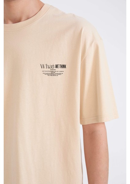 %100 Pamuk Oversize Geniş Kalıp Bisiklet Yaka Baskılı Kısa Kollu Tişört D8594AX25SP