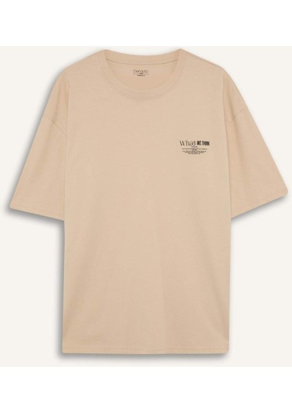 %100 Pamuk Oversize Geniş Kalıp Bisiklet Yaka Baskılı Kısa Kollu Tişört D8594AX25SP