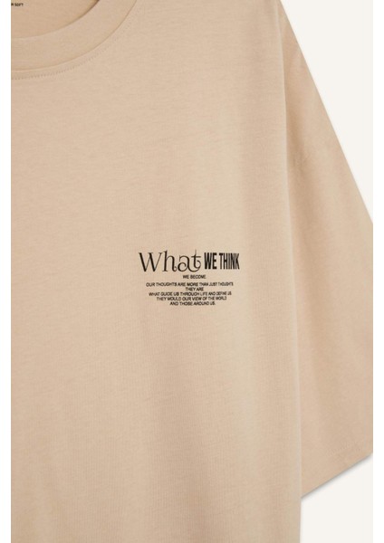 %100 Pamuk Oversize Geniş Kalıp Bisiklet Yaka Baskılı Kısa Kollu Tişört D8594AX25SP